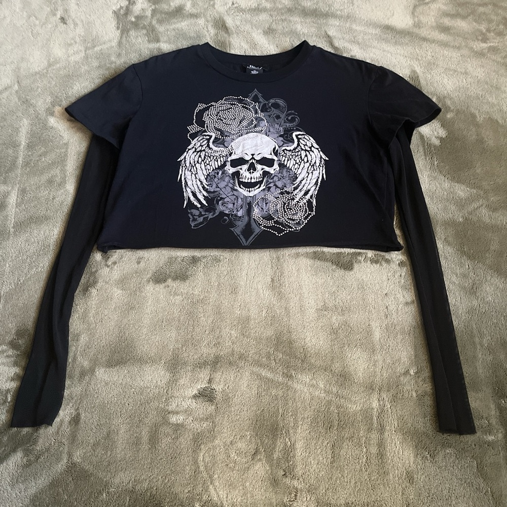 Black Gothic Skull Long Sleeved Crop Top